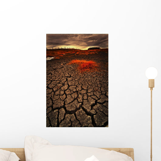 Cracked Parched Earth And Stormy Skies With Fence Posts On The Horizon Wall Mural