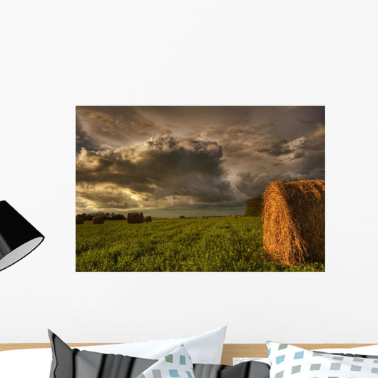 Rolled Hay Bales Under Storm Clouds On A Farm North Of Edmonton Wall Mural
