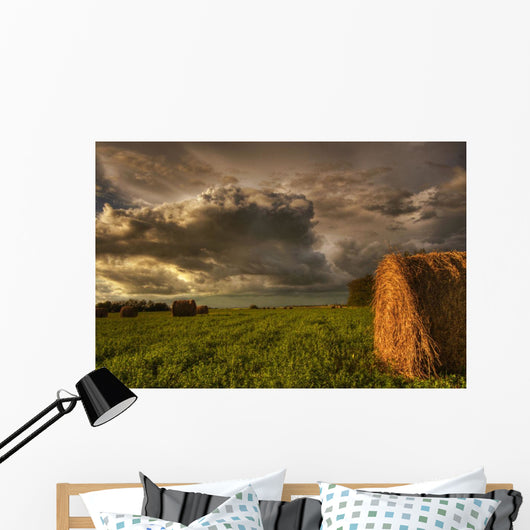 Rolled Hay Bales Under Storm Clouds On A Farm North Of Edmonton Wall Mural