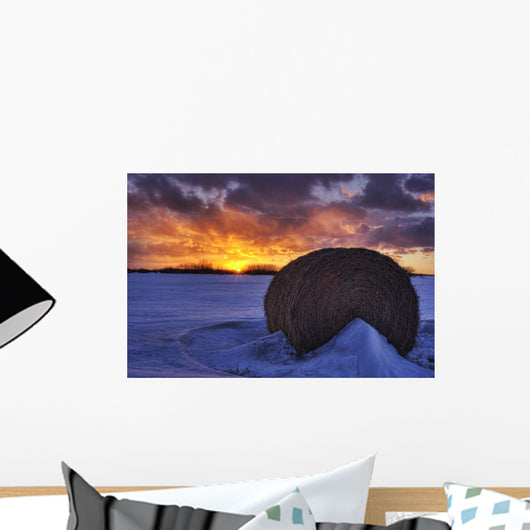 Hay Bale On Field With Sunset, Namao, Alberta Wall Mural