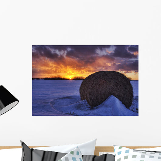 Hay Bale On Field With Sunset, Namao, Alberta Wall Mural