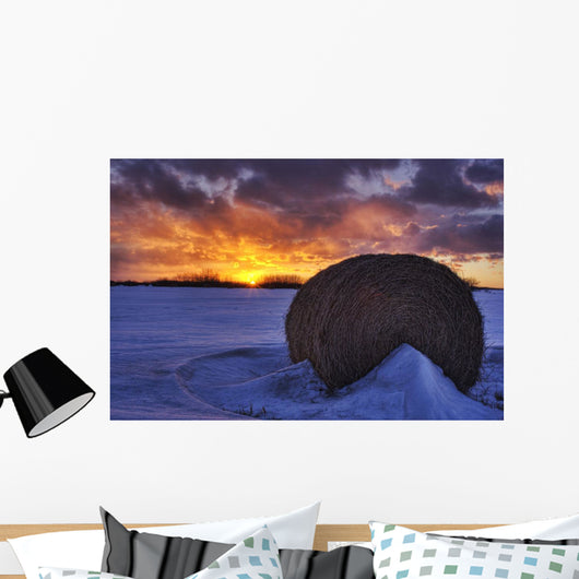 Hay Bale On Field With Sunset, Namao, Alberta Wall Mural