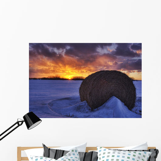 Hay Bale On Field With Sunset, Namao, Alberta Wall Mural