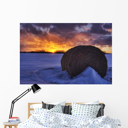 Hay Bale On Field With Sunset, Namao, Alberta Wall Mural