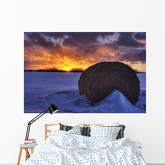 Hay Bale On Field With Sunset, Namao, Alberta Wall Mural