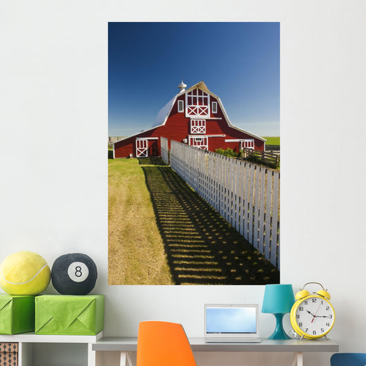 Red Barn With Fence, Near Lake Alma, Saskatchewan Wall Mural