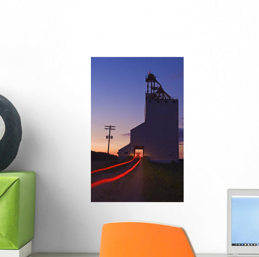 Streak Of Truck Lights And An Old Grain Elevator, Virden, Manitoba Wall Mural