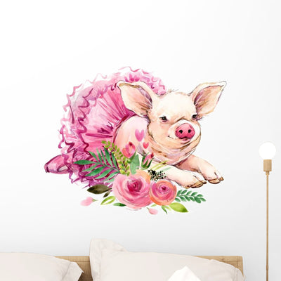 Cute Pig Laying Down Watercolor Illustration Wall Decal shown on a wall