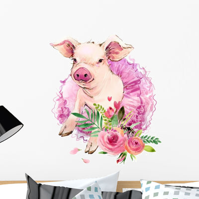 Cute Watercolor Ballerina Pig Wall Decal shown on a wall
