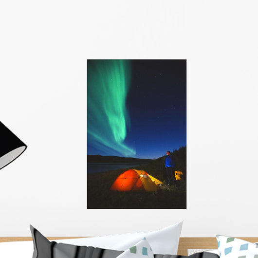 Aurora Borealis Above A Tent And Camper Along The Peel River Wall Mural