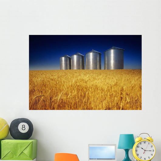 Mature Winter Wheat Field With Grain Bins In The Background Wall Mural
