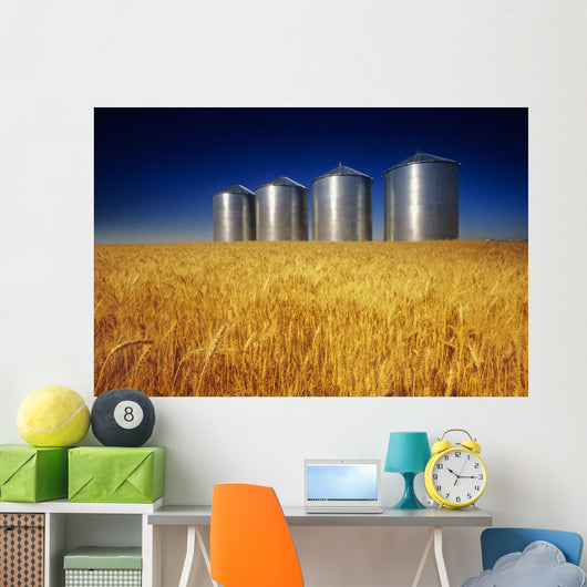 Mature Winter Wheat Field With Grain Bins In The Background Wall Mural