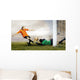 Shoot of football player and jump of goalkeeper on the field of Wall Mural