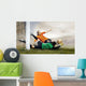 Shoot of football player and jump of goalkeeper on the field of Wall Mural