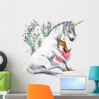 White Unicorn and Princess Wall Decal shown on a wall