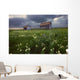 Two Old Granaries With Prairie Wildflowers Under Storm Clouds Wall Mural