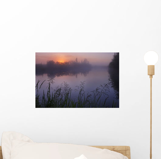 A Foggy Summer Sunrise On A Prairie Pond In Central Alberta Wall Mural