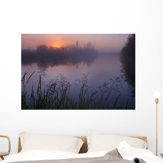 A Foggy Summer Sunrise On A Prairie Pond In Central Alberta Wall Mural