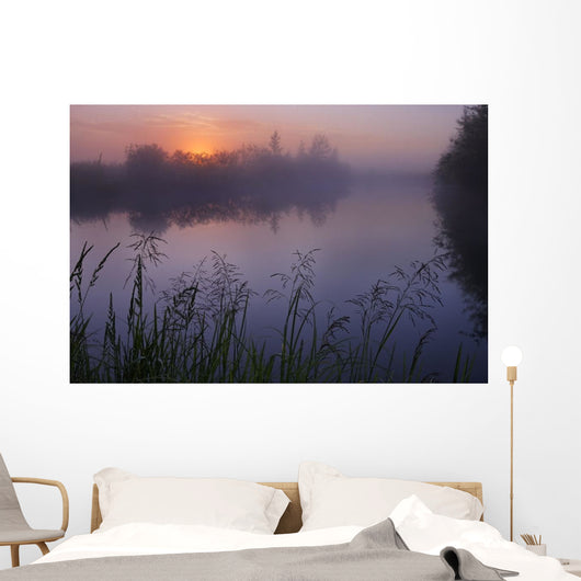 A Foggy Summer Sunrise On A Prairie Pond In Central Alberta Wall Mural