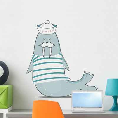 Nautical Mustachioed Walrus Wall Decal shown on a wall