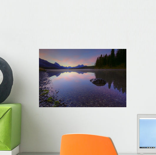 Early Morning On A Fog Covered Maligne Lake In Jasper National Park Wall Mural