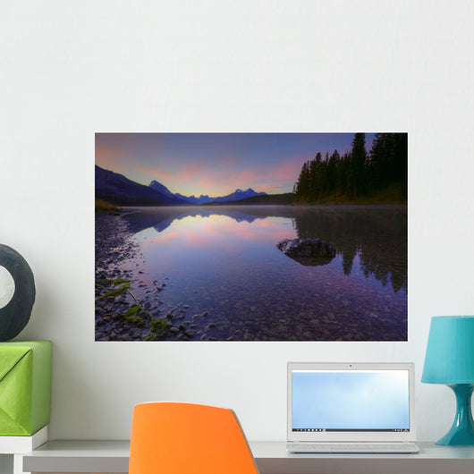 Early Morning On A Fog Covered Maligne Lake In Jasper National Park Wall Mural