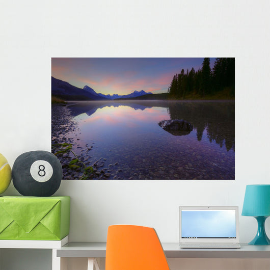 Early Morning On A Fog Covered Maligne Lake In Jasper National Park Wall Mural