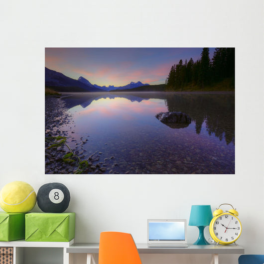 Early Morning On A Fog Covered Maligne Lake In Jasper National Park Wall Mural