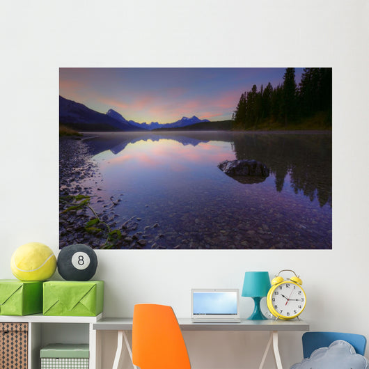 Early Morning On A Fog Covered Maligne Lake In Jasper National Park Wall Mural