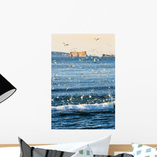 Gannets In Flight And Perce Rock At Sunrise From Barachois Wall Mural