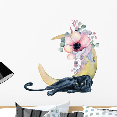 Watercolor Peony Moon Panther Wall Decal shown on a wall