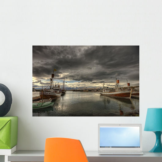 Dramatic Clouds Over Husavik Harbour, Northern Iceland Wall Mural