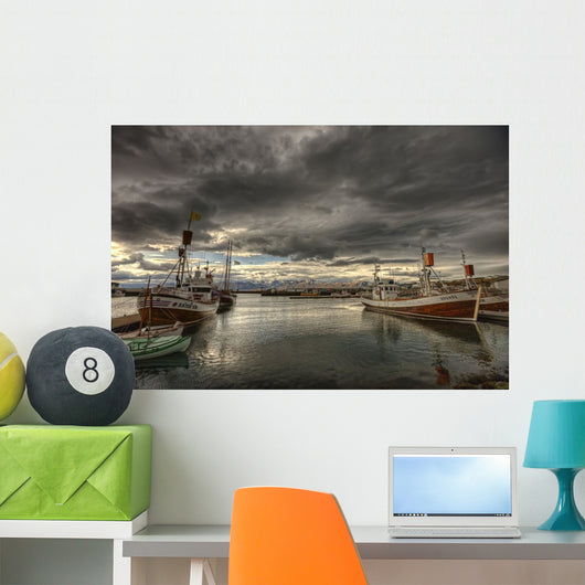 Dramatic Clouds Over Husavik Harbour, Northern Iceland Wall Mural