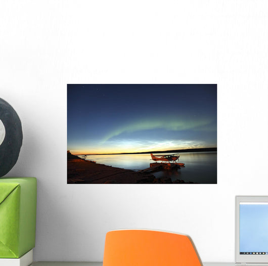 Aurora Borealis Over The Mackenzie River With Float Planes Wall Mural
