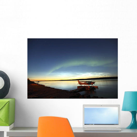 Aurora Borealis Over The Mackenzie River With Float Planes Wall Mural