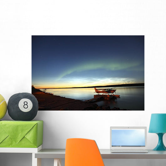 Aurora Borealis Over The Mackenzie River With Float Planes Wall Mural