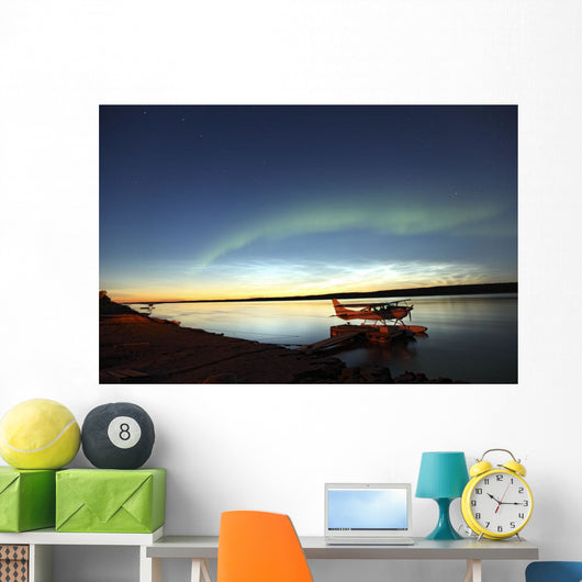 Aurora Borealis Over The Mackenzie River With Float Planes Wall Mural