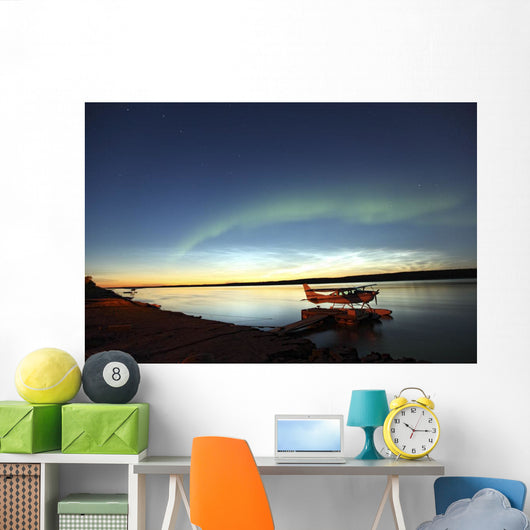 Aurora Borealis Over The Mackenzie River With Float Planes Wall Mural