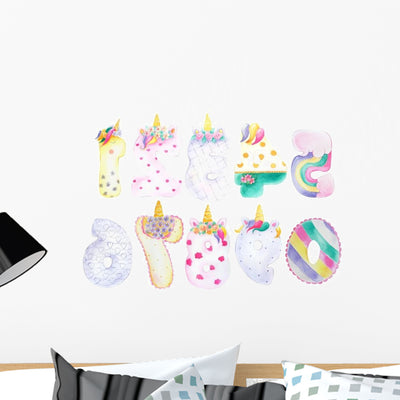Unicorn Birthday Party Numbers Wall Decal Sticker Set shown on a wall
