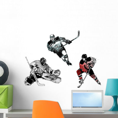Ice Hockey Trio Wall Stickers shown on a wall