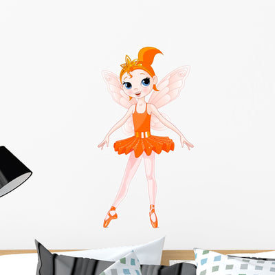 Rainbow Orange Fairy Ballerina Wall Decal shown on a wall