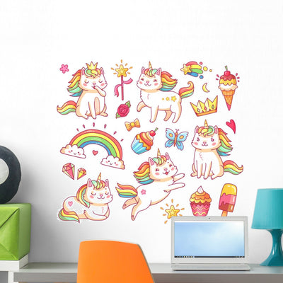 Magic Unicorn Cats Wall Decal Sticker Set shown on a wall