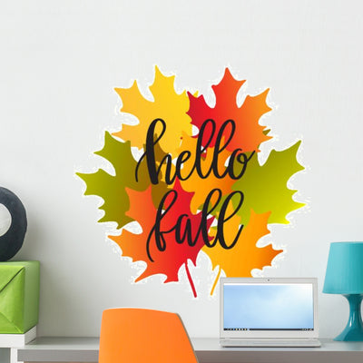 Autumn Leaves Hello Fall Wall Decal shown on a wall