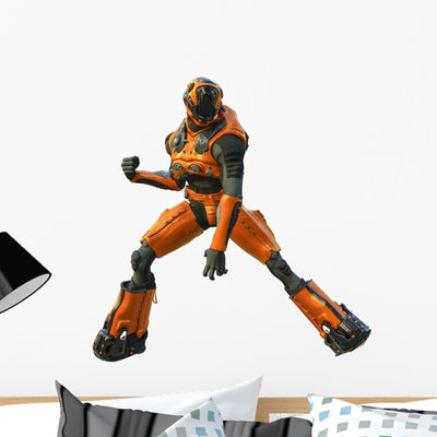 Orange Cyborg Astronaut Wall Decal shown on a wall