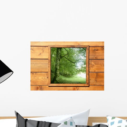 Wooden window jungle green forest view Wall Mural