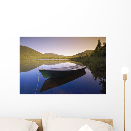 View Of Boat At Lebreux Lake At Sunset, Quebec Wall Mural