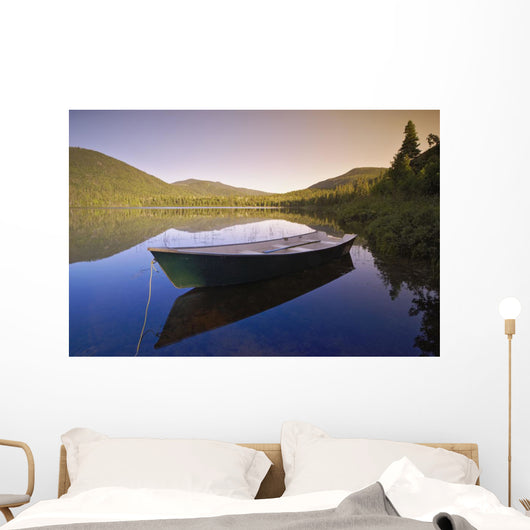 View Of Boat At Lebreux Lake At Sunset, Quebec Wall Mural