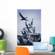 Cormorants Fly Above Driftwood, Grey Sky, Galiano Island, Bc Wall Mural