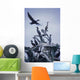 Cormorants Fly Above Driftwood, Grey Sky, Galiano Island, Bc Wall Mural