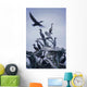 Cormorants Fly Above Driftwood, Grey Sky, Galiano Island, Bc Wall Mural